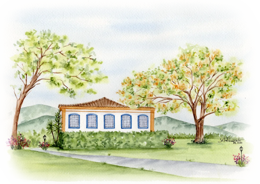 Aquarela da Villa Casarão: casarão branco com janelas azuis entre duas árvores floridas